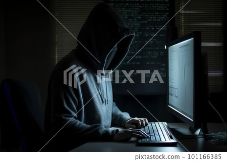 Hacker work at computer in hoodie. Data security. Generate Ai 101166385