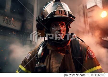 Firefighter tired face. Water work. Fictional person. Generate Ai Firefighter tired face. Water work. Fictional person. Generate Ai 101166400