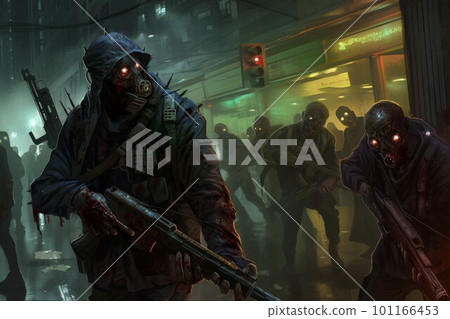 Zombie apocalypse with guns. Dark city. Generate Ai 101166453
