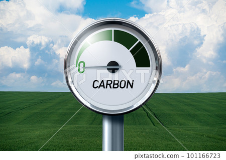 Gauge with inscription CARBON. Arrow points to zero. Concept of Carbon Neutrality. 101166723