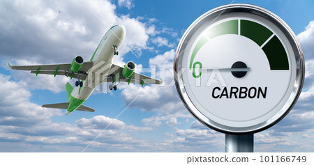 Gauge with inscription CARBON and arrow points to zero on a background of plane in sky. Concept of decarbonization and biofuel Gauge with inscription CARBON and arrow points to zero on a background of plane in sky. Concept of decarbonization and biofuel 101166749