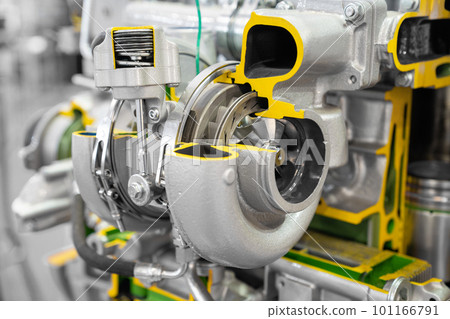Close-up of engine turbocharger in section Close-up of engine turbocharger in section 101166791