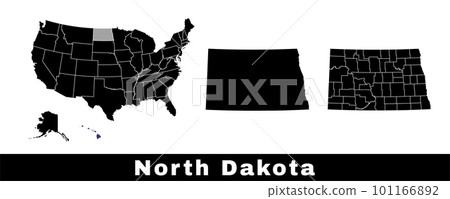 North Dakota state map, USA. Set of North Dakota maps with outline border, counties and US states map. Black and white color. North Dakota state map, USA. Set of North Dakota maps with outline border, counties and US states map. Black and white color. 101166892