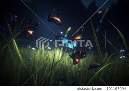 Neon glowing butterflies. Summer nature art. Generate Ai Neon glowing butterflies. Summer nature art. Generate Ai 101167004