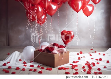 Hearts balloons box. Valentine romantic gift. Generate Ai 101167032
