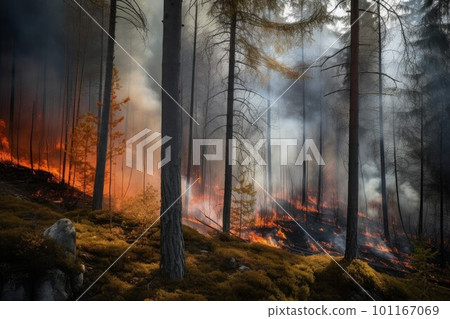 Nature fire forest. Danger smoke disaster. Generate Ai Nature fire forest. Danger smoke disaster. Generate Ai 101167069