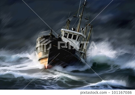 Fishing boat in storm rain. Sea fish ship. Generate Ai 101167086