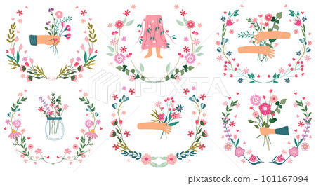 Bright compositions, a hand embracing a bouquet of wildflowers and a silhouette of a woman's skirt with flowers and leaves. Can be used as greeting cards, banners, cards, posters. Vector illustration Bright compositions, a hand embracing a bouquet of wildflowers and a silhouette of a woman's skirt with flowers and leaves. Can be used as greeting cards, banners, cards, posters. Vector illustration 101167094