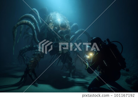 Sea monster look at diver. Underwater sea nature. Generate Ai 101167192