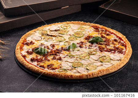 Big assorted pizza with variety of toppings Big assorted pizza with variety of toppings 101167416