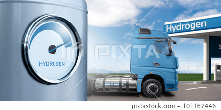 Hydrogen pipe with gauge on a background of truck . Hydrogen transportation concept 101167446