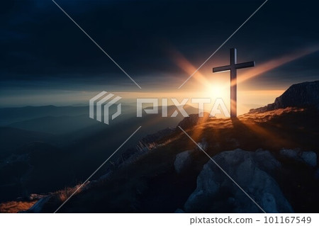 Cross on mountain. Friday sunset. Generate Ai 101167549