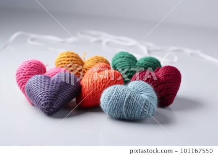 Colorful woolen hearts. Heart craft on table. Generate Ai 101167550