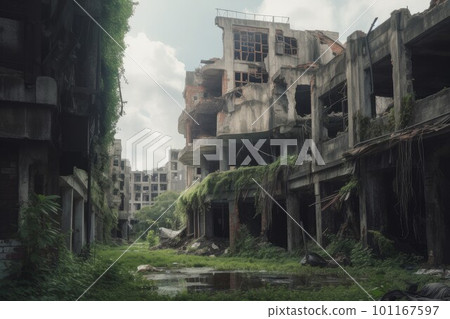 Abandoned ruined street. Ruin disaster. Generate Ai 101167597