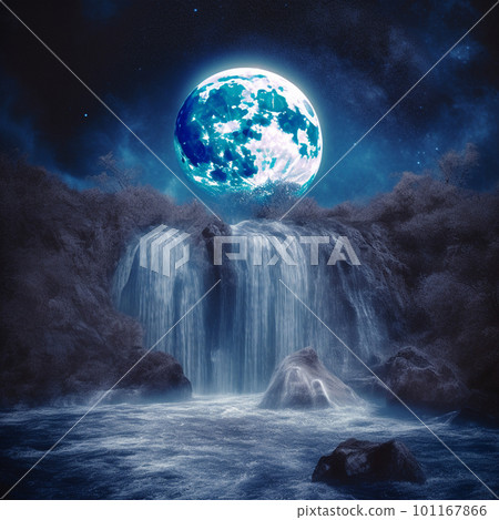 luminous night waterfall under the moon luminous night waterfall under the moon 101167866