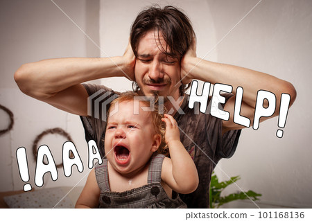 The child is screaming, hysterical. tired dad doesn't want to hear baby. parent is irritated, tired, wants to take a break from his daughter. Unbearable children's hysteria. Inscription Help The child is screaming, hysterical. tired dad doesn't want to hear baby. parent is irritated, tired, wants to take a break from his daughter. Unbearable children's hysteria. Inscription Help 101168136