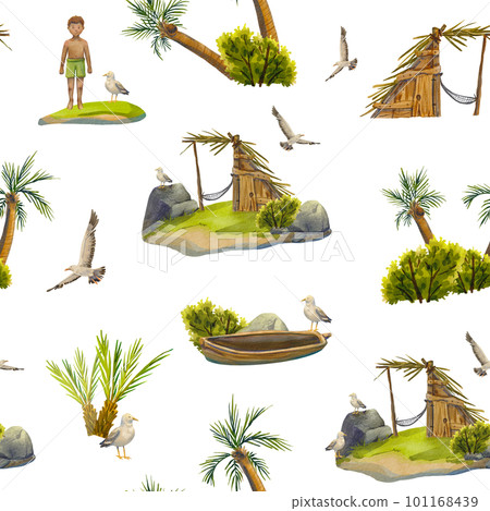 The pattern is seamless with an island and seagulls. Watercolor children's illustration with tropical plants, an islander boy. Cartoon style. The island collection. Suitable for background, clothing 101168439