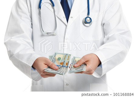 Doctor with bribe on white background, closeup. Corruption in medicine Doctor with bribe on white background, closeup. Corruption in medicine 101168884
