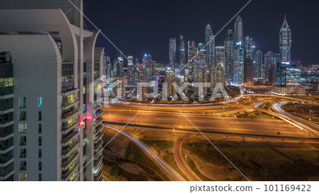 Dubai Marina highway intersection spaghetti junction night timelapse Dubai Marina highway intersection spaghetti junction night timelapse 101169422