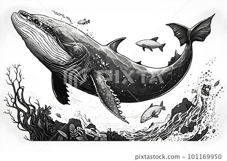 Whale in water with fish. Hand drawn illustration. A ready illustration for a book. A fairy tale character Whale in water with fish. Hand drawn illustration. A ready illustration for a book. A fairy tale character 101169950