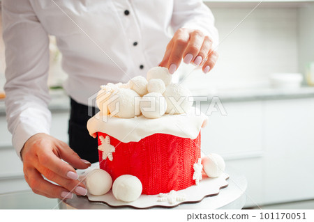 very beautiful winter cake for Christmas, New Year, holiday, birthday. Pastry chef decorates baking, home production, entrepreneur, private, indoor. Hobby. white kitchen 101170051