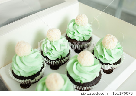 confectioner decorates cupcakes, homemade cooking, sweets. production and sale 101170076