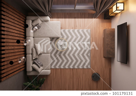 3D rendering living room, gray sofa, TV, robot vacuum cleaner, coffee table and cabinet, decorations, green plant in pot. beautiful view in window to sea. Top view 101170131