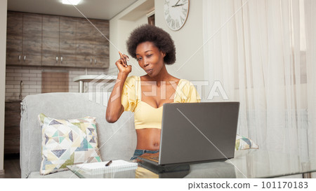 Portrait of African American Black Woman. Generating ideas, forget, think, brainstorm. Business plan, project, idea, freelance laptop work at home. Winks 101170183