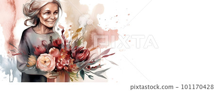 Gray haired woman holding gift and flowers bouquet 101170428