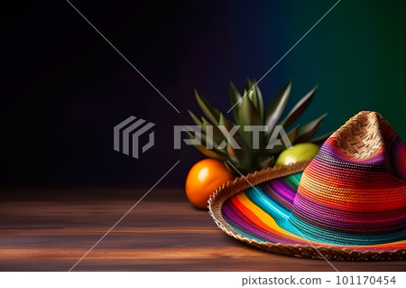 Cinco de Mayo holiday background. Mexican party sombrero hat and cactus on a wooden background. Generative AI illustration 101170454