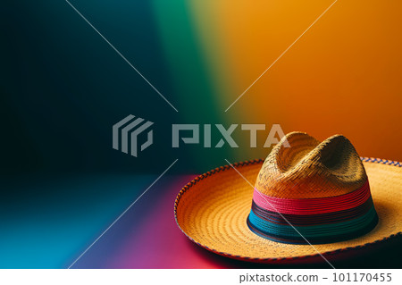 Cinco de Mayo holiday background. Mexican cactus and party sombrero hat on rainbow gradient background. Generative AI illustration Cinco de Mayo holiday background. Mexican cactus and party sombrero hat on rainbow gradient background. Generative AI illustration 101170455