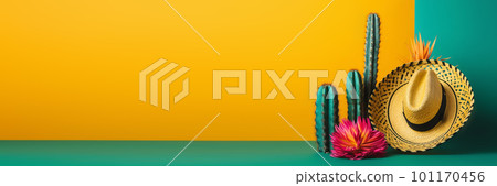 Cinco de Mayo holiday background. Mexican cactus and party sombrero hat on yellow turquoise banner. Generative AI illustration Cinco de Mayo holiday background. Mexican cactus and party sombrero hat on yellow turquoise banner. Generative AI illustration 101170456