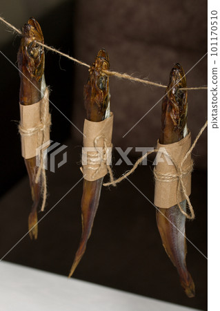 Putassu Cold smoked. Hanging on a string. The fish is wrapped with a strip of paper. Tied with linen twine. Close-up. 101170510