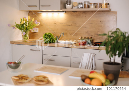 Bright kitchen with different ingredients. Interior of kitchen. No people  101170634