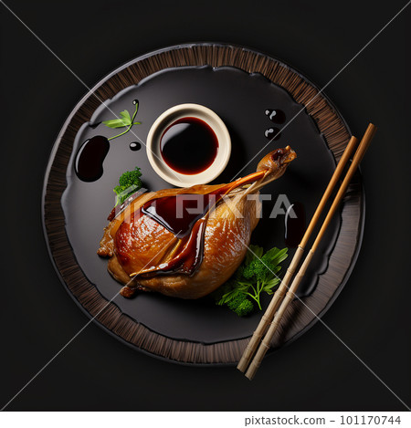 Appetizing roast peking duck, national chinese dish, delicious restaurant meat dish isolated on black close-up, Appetizing roast peking duck, national chinese dish, delicious restaurant meat dish isolated on black close-up, 101170744
