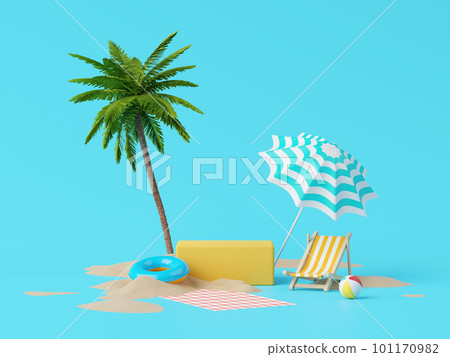Summer vacation beach abstract background concept, Minimal Realistic Display Podium for Product mock-up or Cosmetics with summer theme, beach umbrella, sand, chairs, inflatable ring. 3d rendering 101170982