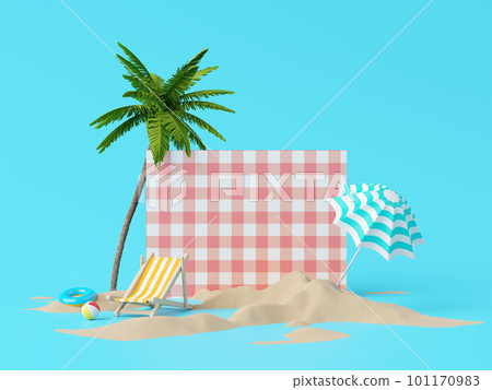 Summer vacation beach abstract background concept, Minimal Realistic Display Podium for Product mock-up or Cosmetics with summer theme, beach umbrella, sand, chairs, inflatable ring. 3d rendering Summer vacation beach abstract background concept, Minimal Realistic Display Podium for Product mock-up or Cosmetics with summer theme, beach umbrella, sand, chairs, inflatable ring. 3d rendering 101170983