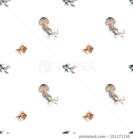 Seamless pattern with watercolor medusa and fish. Hand painted seashells pattern. Watercolor vintage ocean background. Original hand drawn illustration. Marine design. 101171150