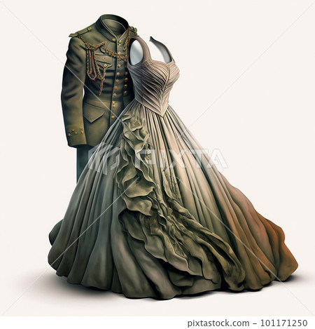 Antique retro ball gown and vintage military uniform dancing together on a white background, unusual fantasy illustration, Antique retro ball gown and vintage military uniform dancing together on a white background, unusual fantasy illustration, 101171250
