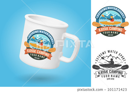 White camping cup. Realistic mug mockup template with sample design. Kayak club. Vector. Patch, logo,badge design with american indian silhouette. Extreme water sport. Outdoor adventure emblems, kayak White camping cup. Realistic mug mockup template with sample design. Kayak club. Vector. Patch, logo,badge design with american indian silhouette. Extreme water sport. Outdoor adventure emblems, kayak 101171423