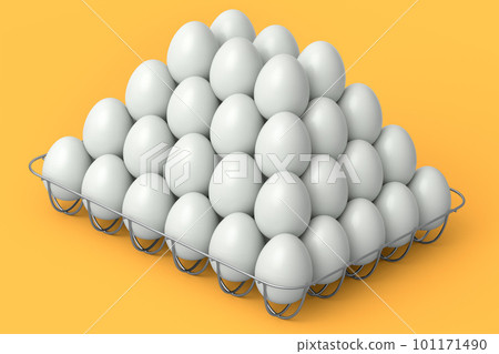 Farm raw organic white sugar-coated eggs for morning breakfast in metal tray 101171490
