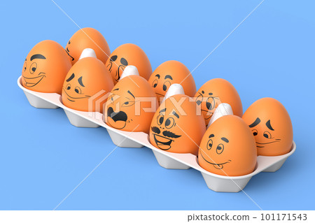 Farm brown egg with expressions and funny face in plastic tray or cardboard 101171543