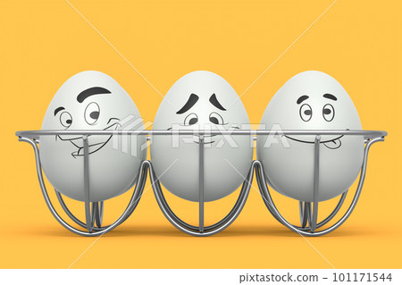 Farm white egg with expressions and funny face in metal wire tray or cardboard 101171544