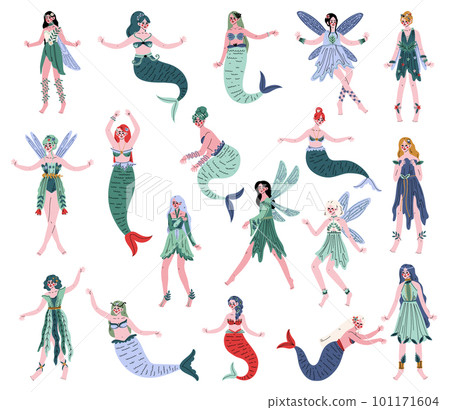 Magic Forest Fairy or Pixie with Wings and Mermaid with Fish Tail Big Vector Set 101171604