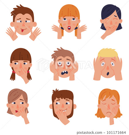 Man and Woman Head with Face Emotion and Hand Gesture Vector Set Man and Woman Head with Face Emotion and Hand Gesture Vector Set 101171664