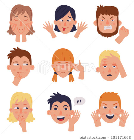 Man and Woman Head with Face Emotion and Hand Gesture Vector Set 101171668