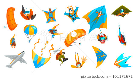 Extremal Fly with Man Skydiver with Parachute and Paraglider Vector Set 101171671