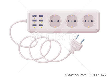 Extension Cord or Power Extender with Plug and Power Cord as Electric Current Equipment with Port Connector Vector Illustration 101171677