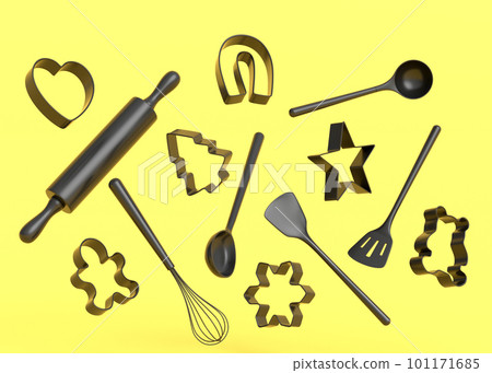 Wooden kitchen utensils and cookie cutters on monochrome background Wooden kitchen utensils and cookie cutters on monochrome background 101171685
