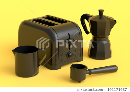 Toaster, coffee machine horn and geyser coffee maker on monochrome background. Toaster, coffee machine horn and geyser coffee maker on monochrome background. 101171687